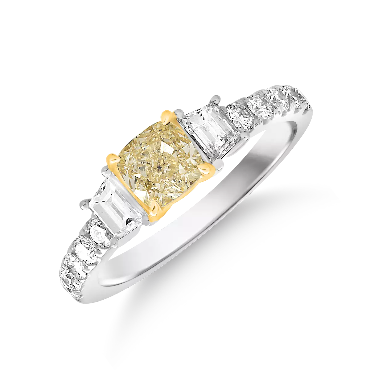 Eljegyzési gyűrű 18K-os fehér aranyból 1ct sárga gyémánttal és 0,48ct gyémánttal. Gramm: 4,35