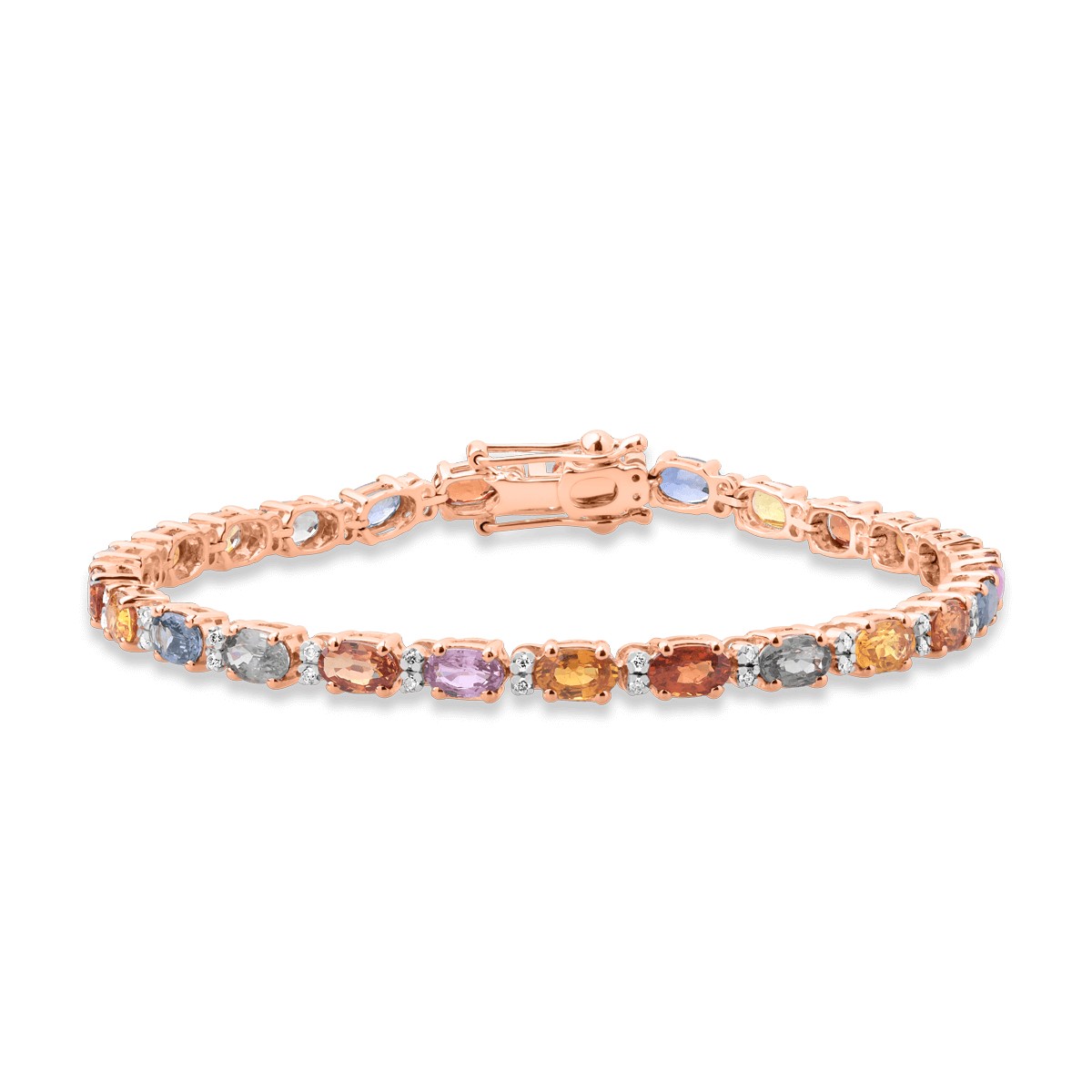 14K rose gold tennis bracelet with 8.09ct multicoloured sapphires and 0.24ct diamonds