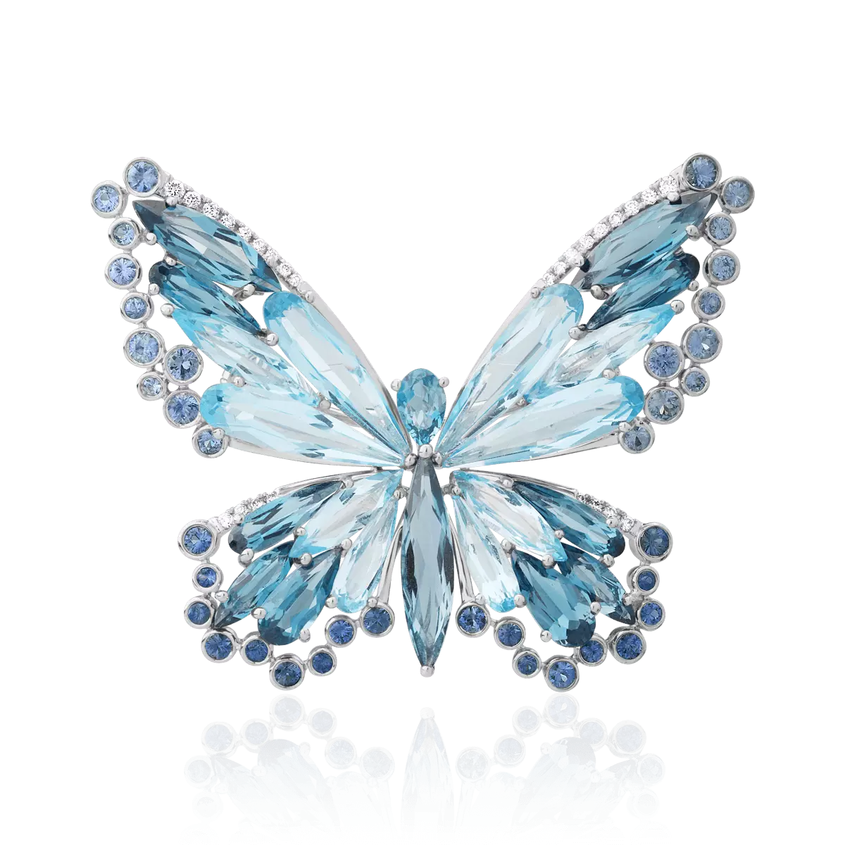 Pillangó alakú bross 18K-os fehér aranyból 24,55ct drágakővel és féldrágakővel
