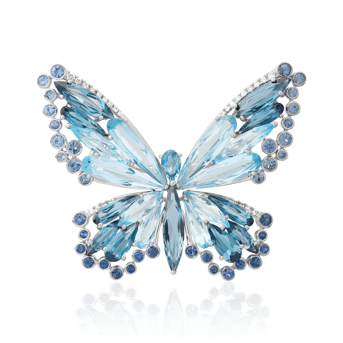 Pillangó alakú bross 18K-os fehér aranyból 24,55ct drágakővel és féldrágakővel