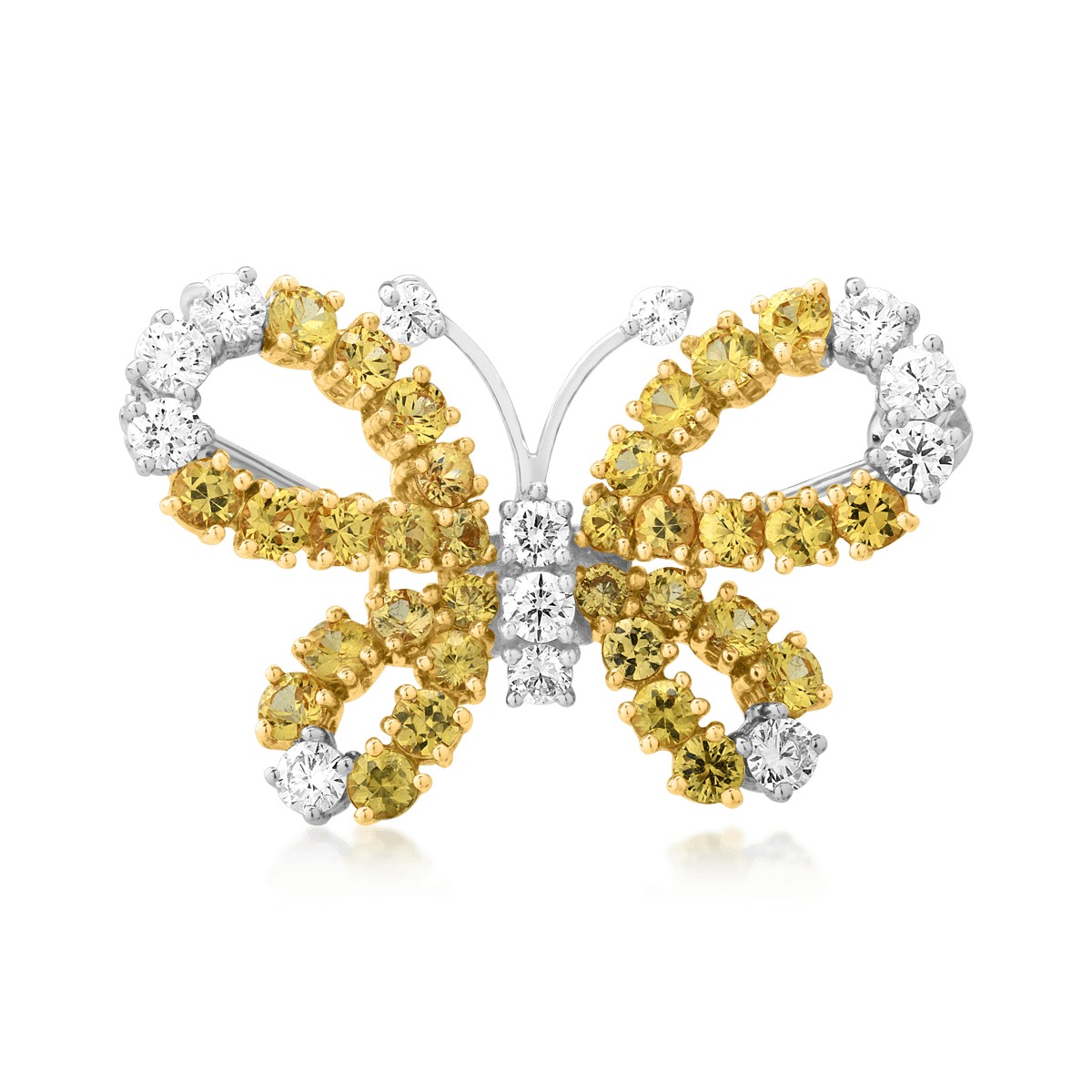 Brosa fluture din aur alb-galben de 18K cu safire galbene de 1.92ct si diamante de 0.68ct