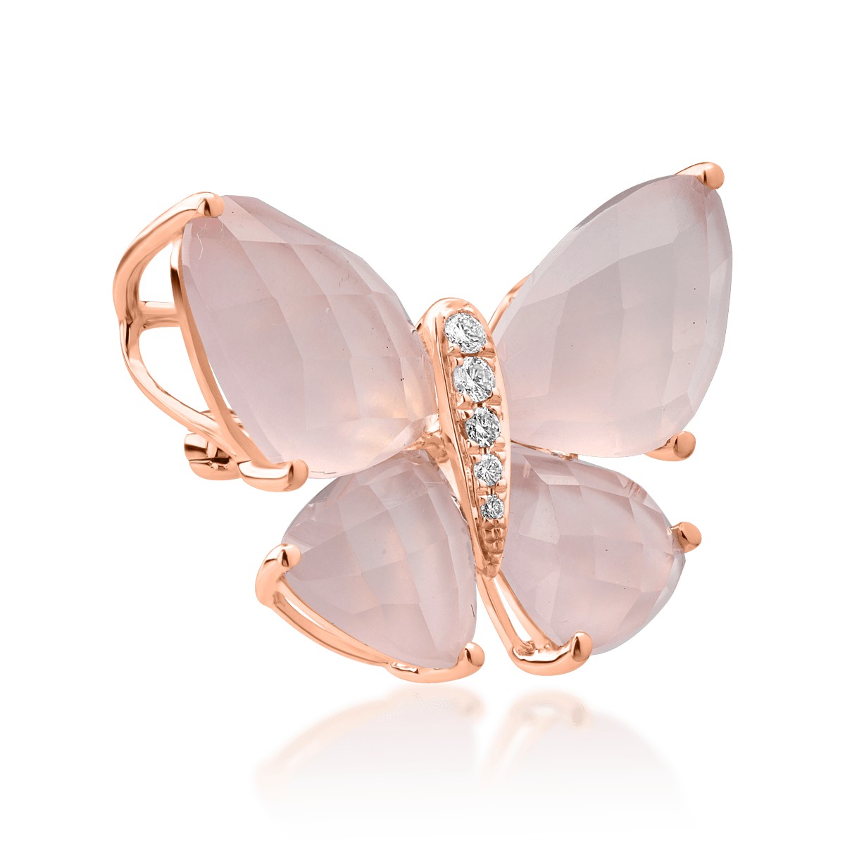 Brosa fluture din aur roz de 18K cu quartz trandafiriu de 11.8ct si diamante de 0.06ct
