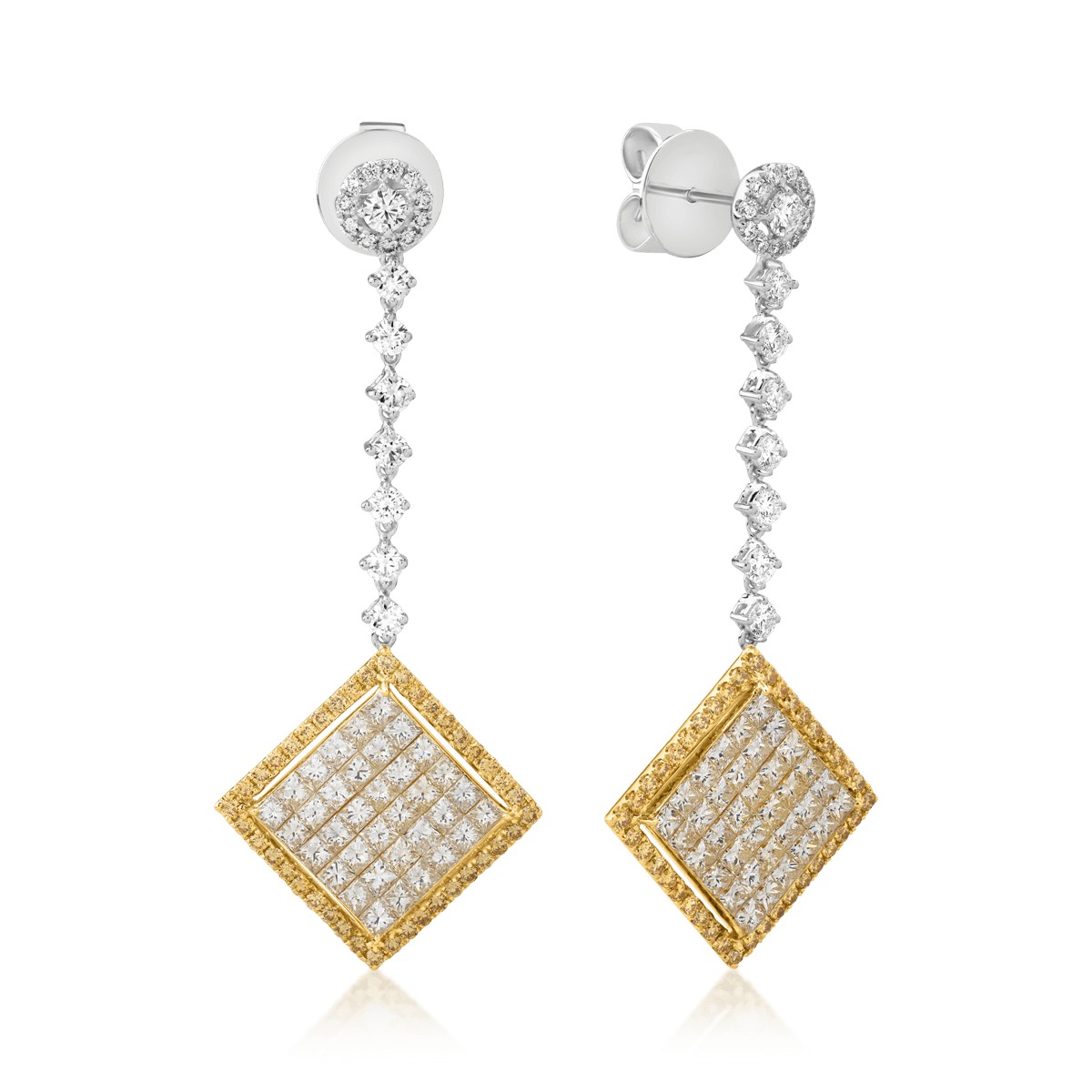 Cercei din aur alb-galben de 18K cu fancy diamonds de 0.63ct si diamante de 3.75ct