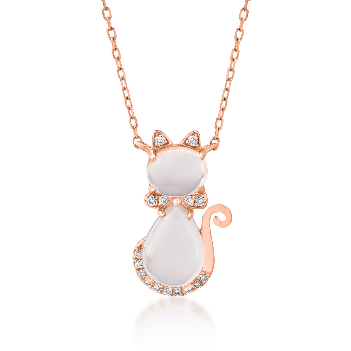 Lant cu pandantiv pisicuta pentru copii din aur roz de 14K cu quartz trandafiriu de 1.34ct si diamante de 0.03ct