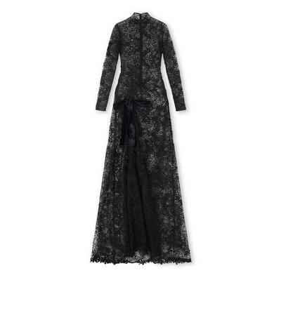 LIGHT FLORAL LAQUERED MACRAME' LONG SLEEVE GOWN