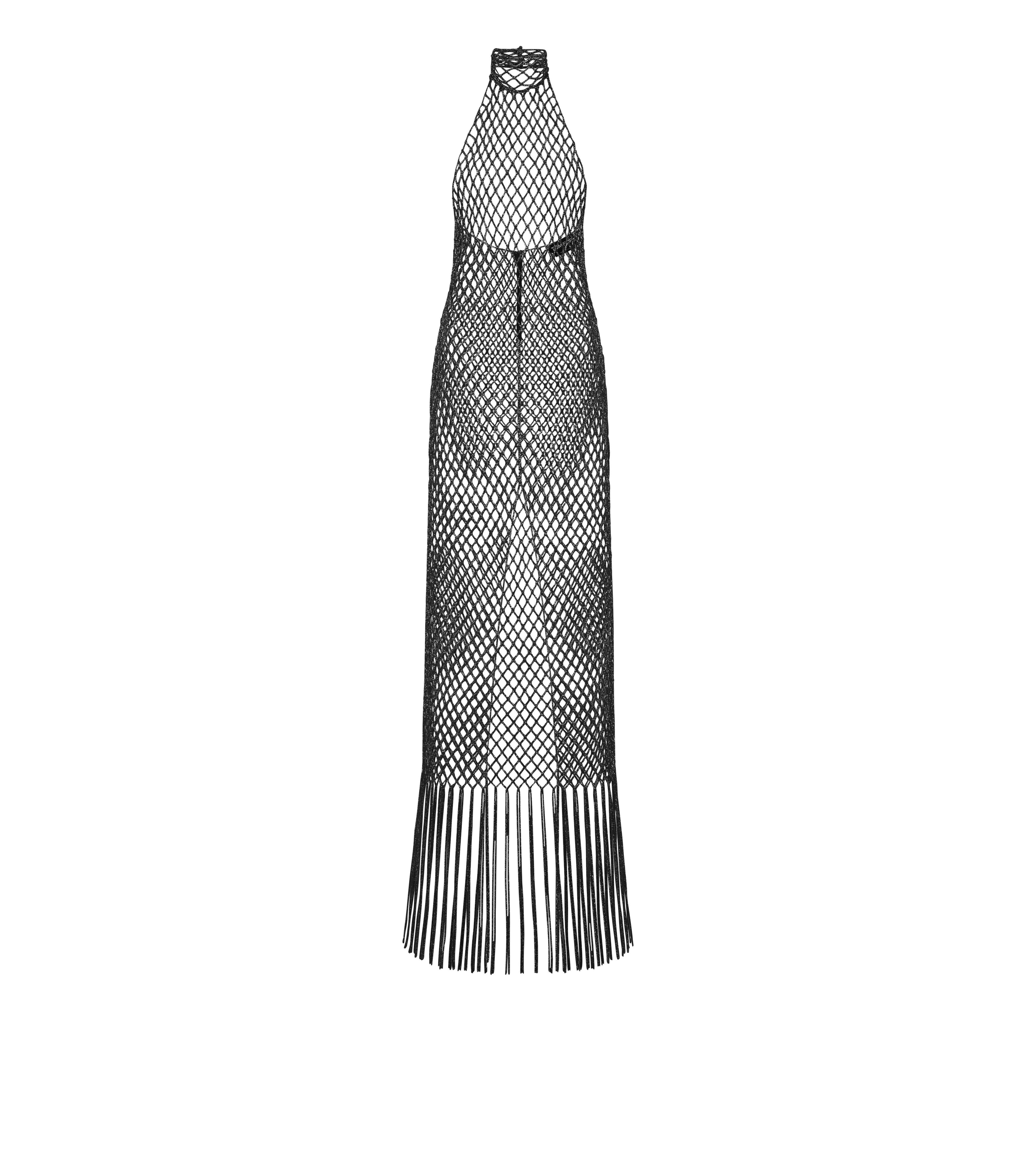 CORD NET EMBROIDERY WITH FRINGE EVENING DRESS