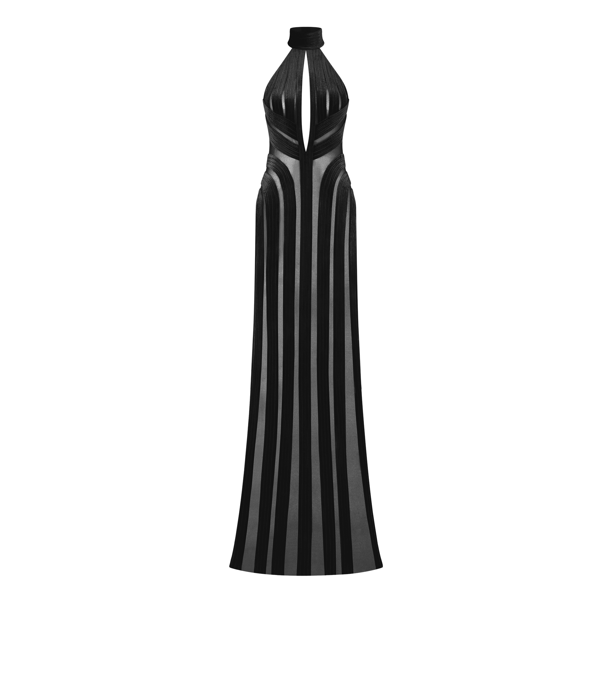 STRETCH TULLE AND VELVET HALTERNECK EVENING DRESS