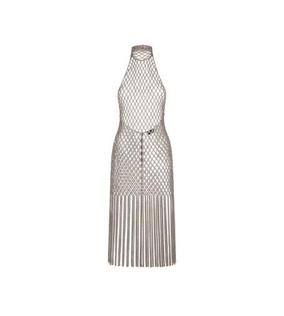 CORD NET EMBROIDERY WITH FRINGE HALTERNECK COCKTAIL DRESS