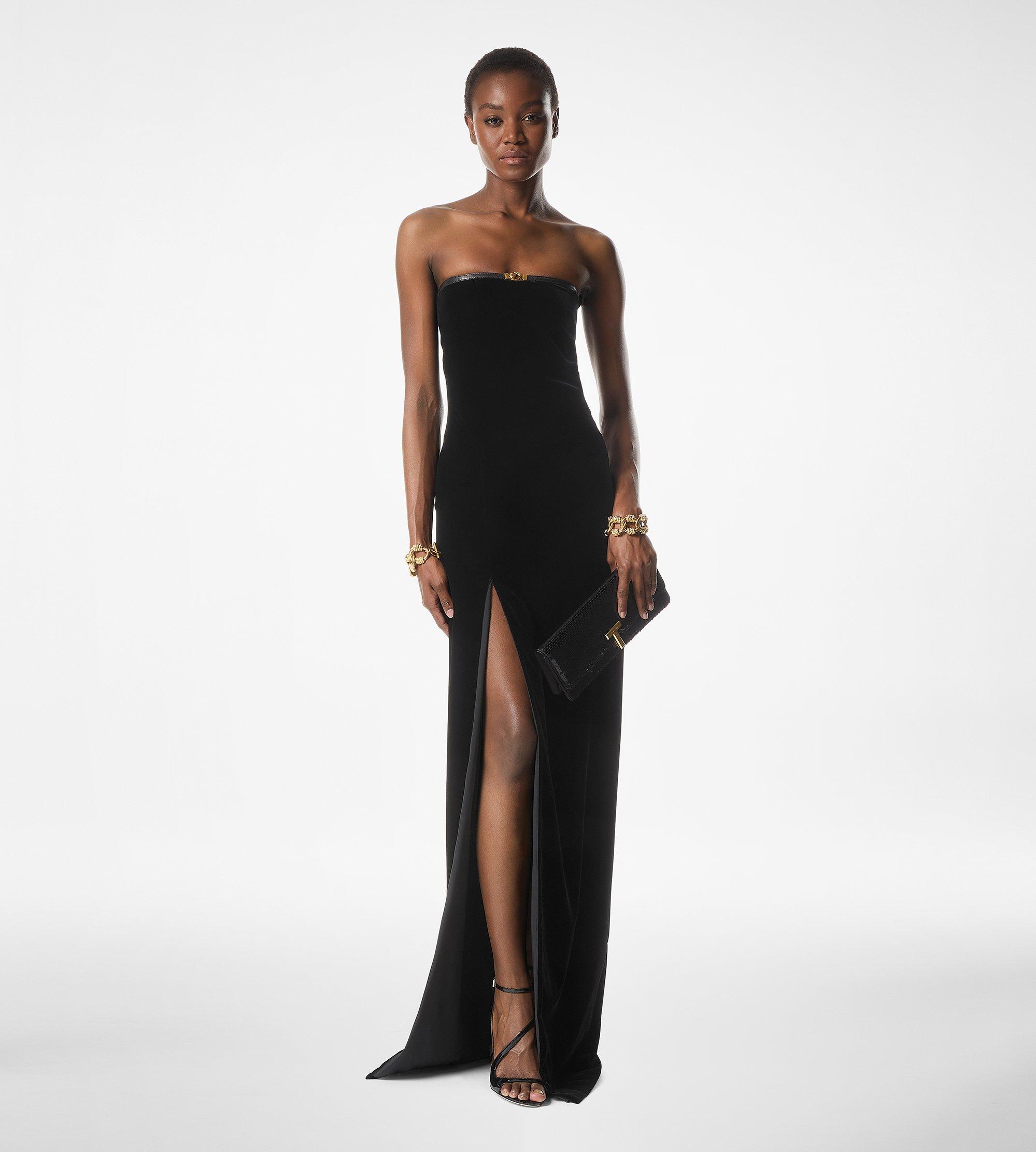STRETCH VELVET STRAPLESS EVENING DRESS