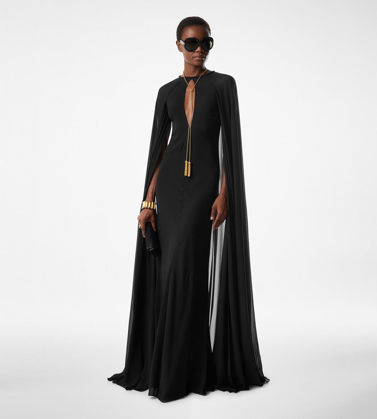 EVENING DRESS WITH KEYHOLE NECKLINE AND LONG CAPE SLEEVES image number 2