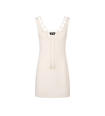 MINI COCKTAIL DRESS WITH DRAWSTRING CUT OUT NECKLINE