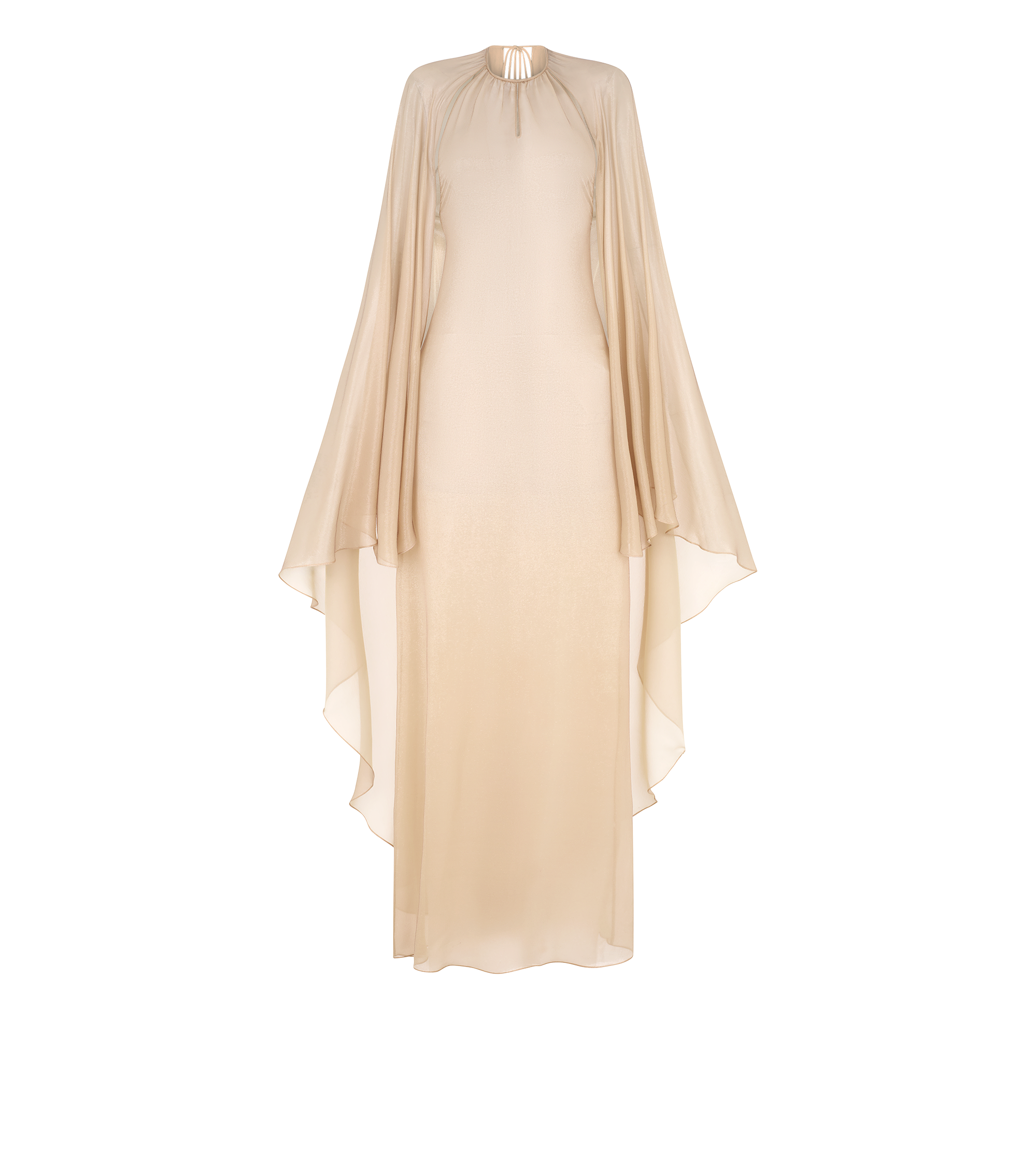 EVENING DRESS WITH KEYHOLE NECKLINE AND ASYMMETRIC CAPE