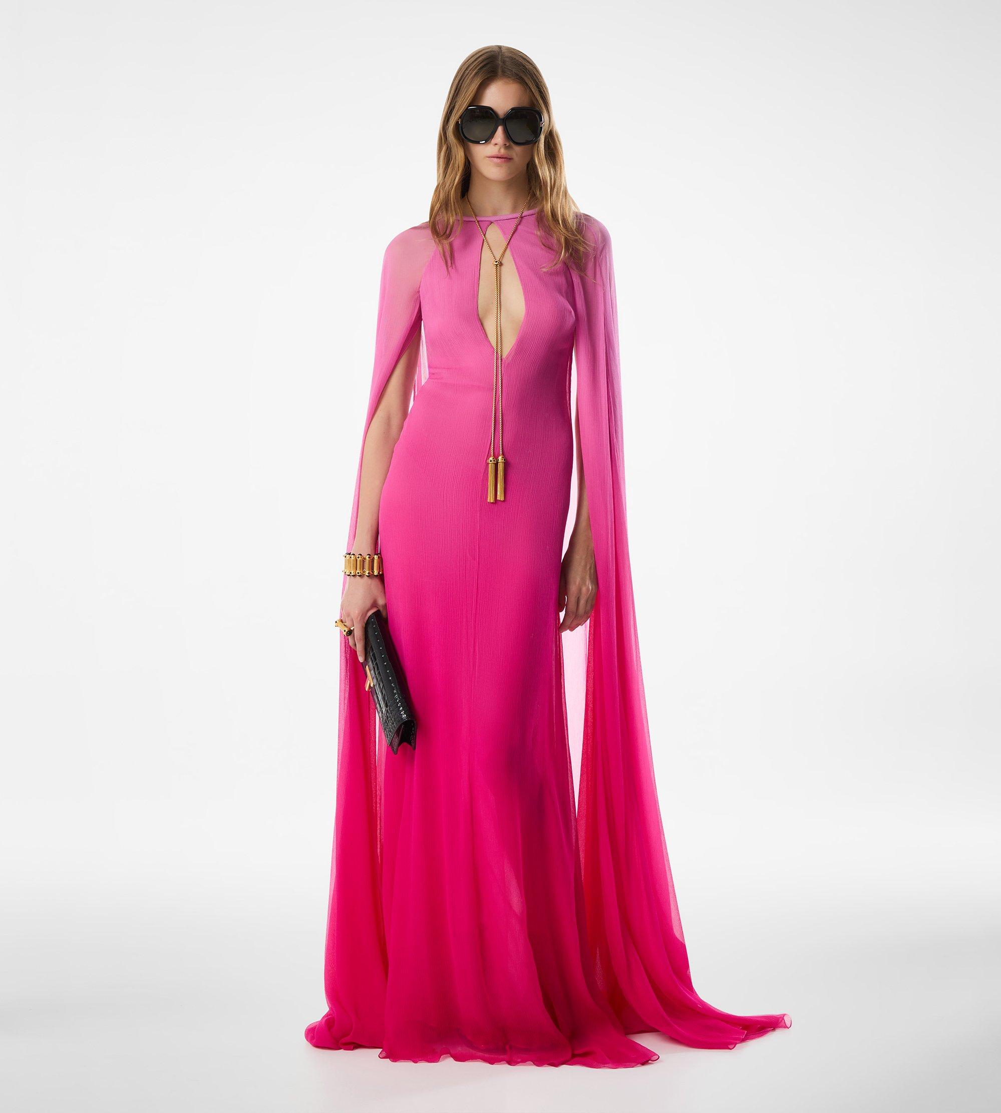 EVENING DRESS WITH KEYHOLE NECKLINE AND LONG CAPE SLEEVES