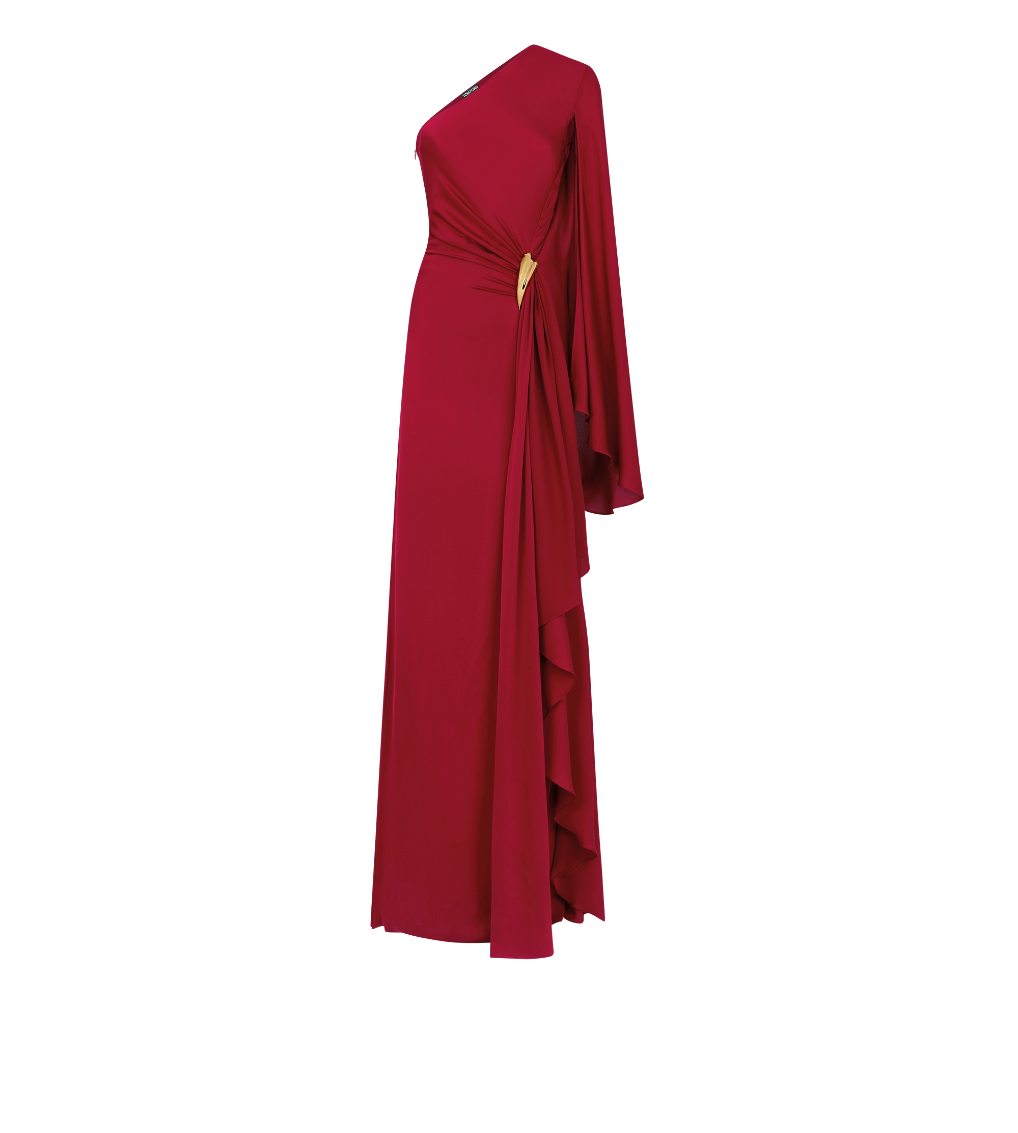 ONE SHOULDER EVENING DRESS WITH CAPE AND LIZA HARDWARE DETAIL