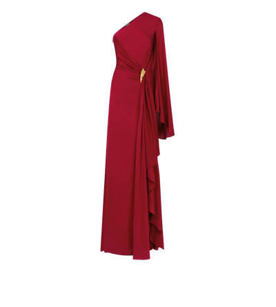 ONE SHOULDER EVENING DRESS WITH CAPE AND LIZA HARDWARE DETAIL image number 0
