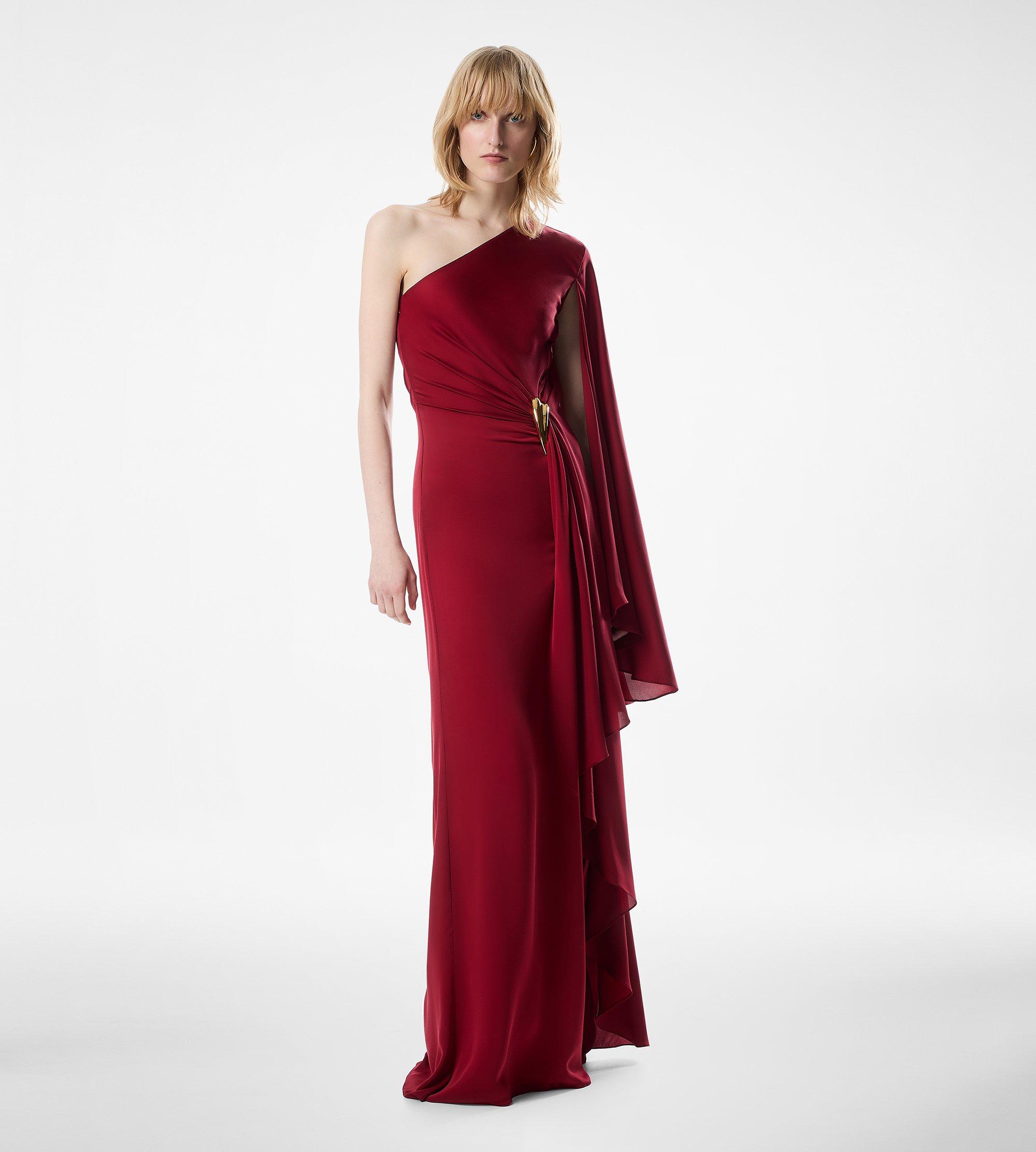 ONE SHOULDER EVENING DRESS WITH CAPE AND LIZA HARDWARE DETAIL