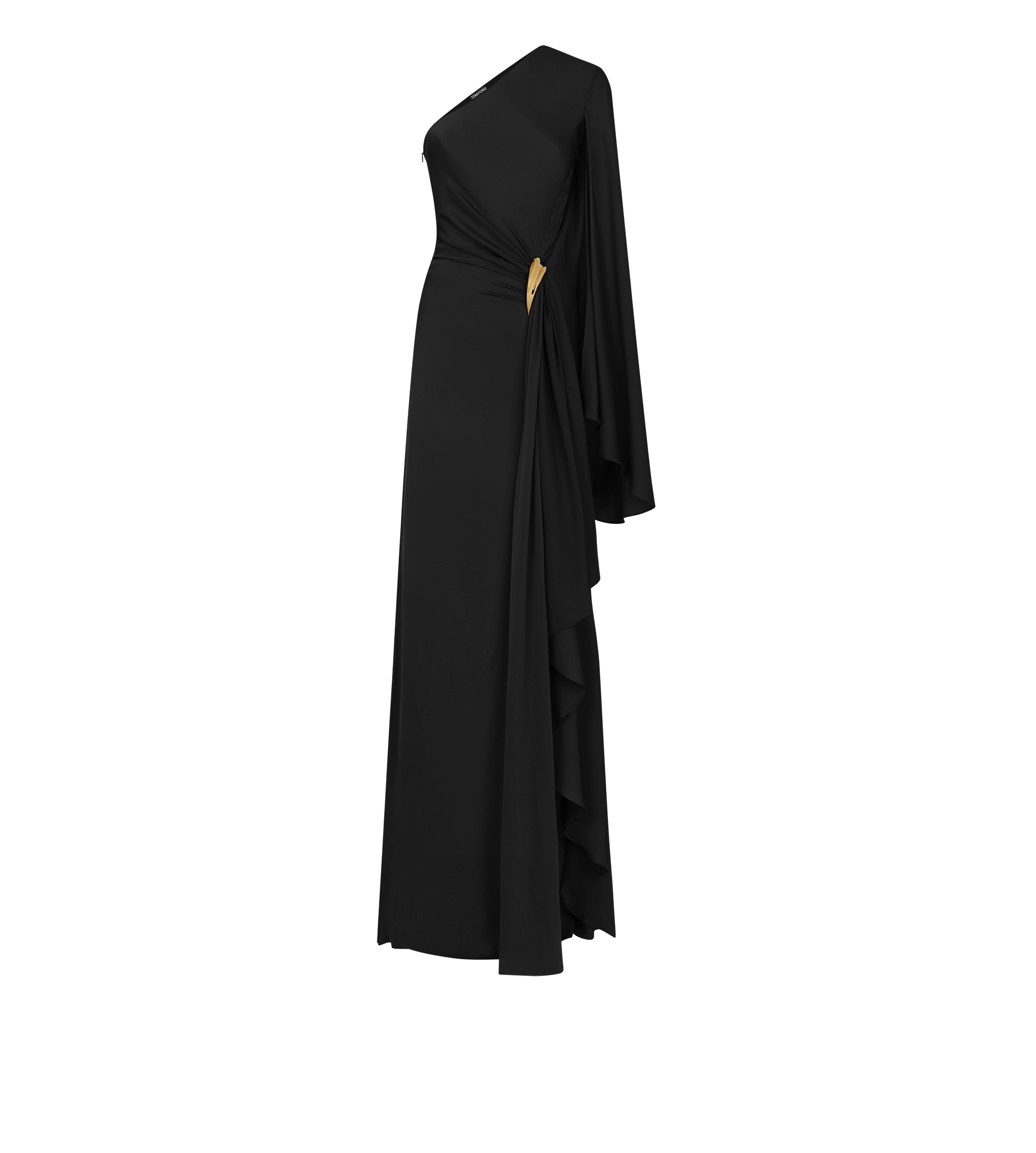 ONE SHOULDER EVENING DRESS WITH CAPE AND LIZA HARDWARE DETAIL