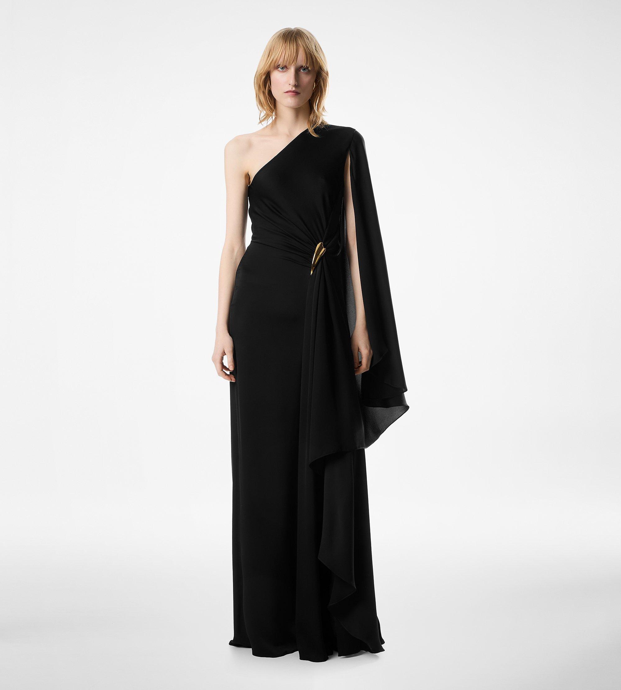ONE SHOULDER EVENING DRESS WITH CAPE AND LIZA HARDWARE DETAIL