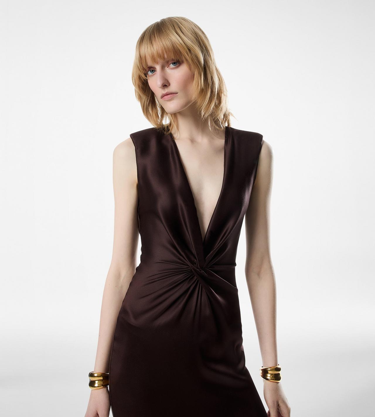 SLEEVELESS DEEP V-NECK TWIST FRONT SILK EVENING DRESS image number 1