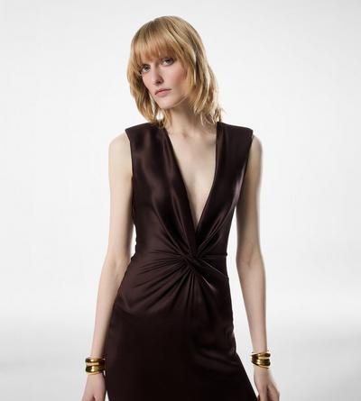 SLEEVELESS DEEP V-NECK TWIST FRONT SILK EVENING DRESS image number 1