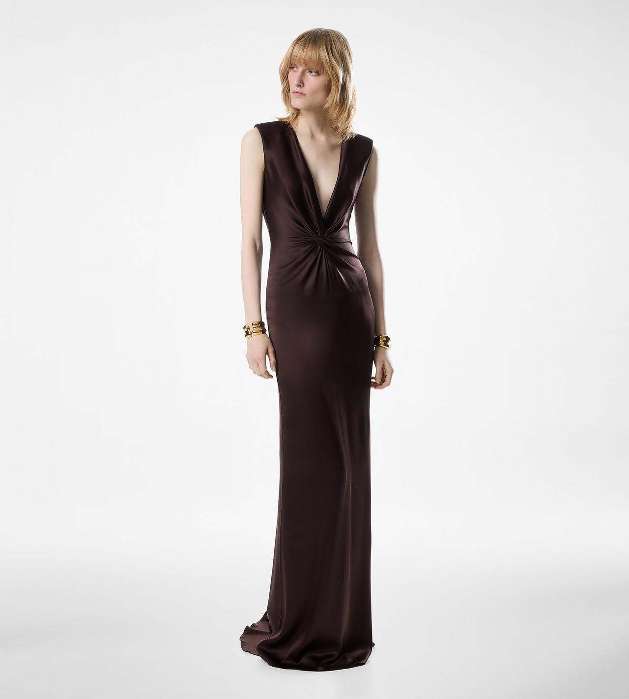 SLEEVELESS DEEP V-NECK TWIST FRONT SILK EVENING DRESS image number 2