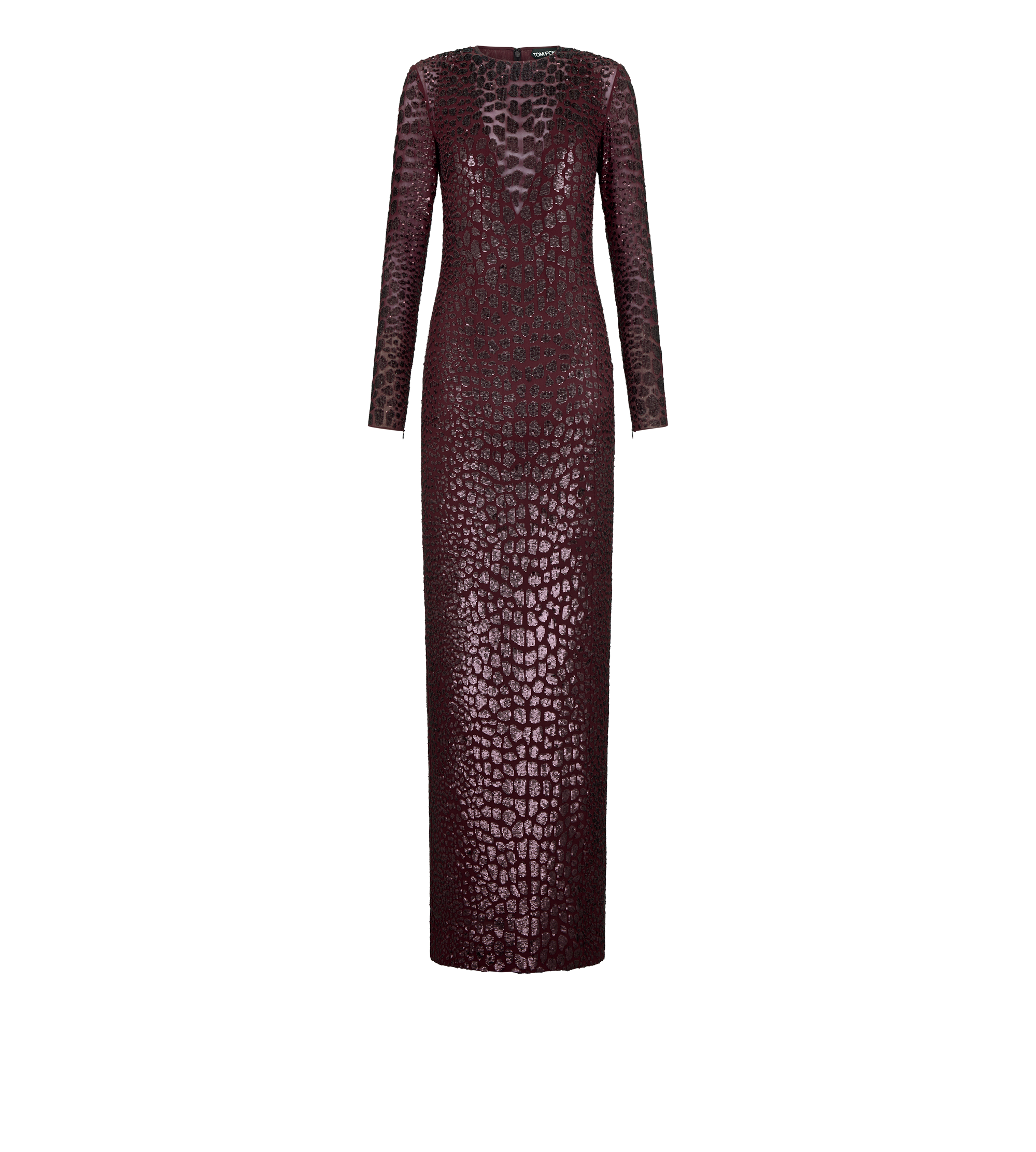 EMBROIDERED CROC EFFECT LONG SLEEVE EVENING DRESS