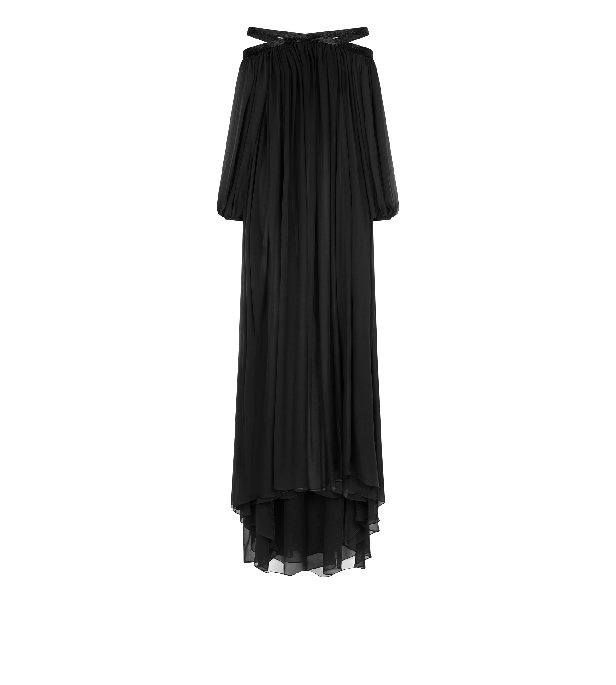 EMBROIDERED SILK CHIFFON OFF THE SHOULDER EVENING DRESS