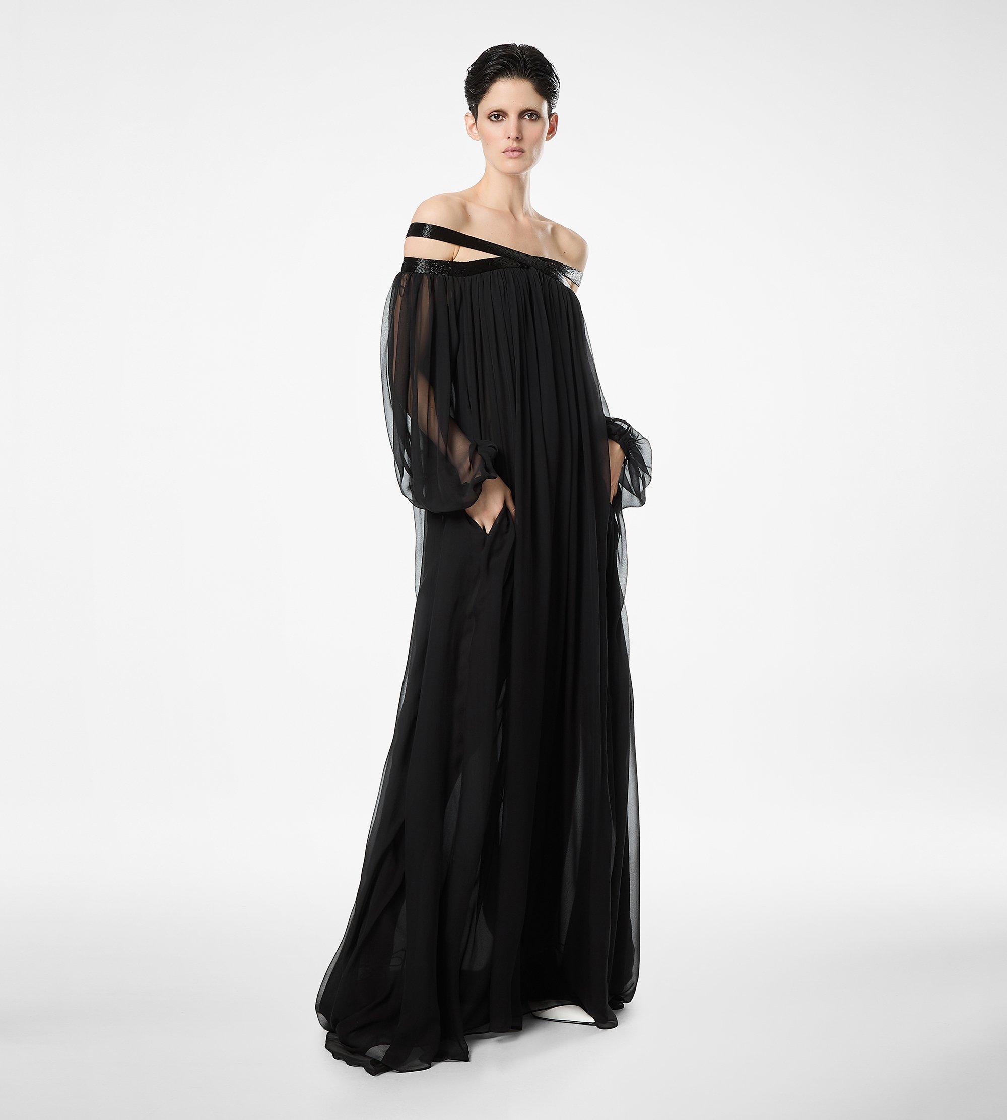EMBROIDERED SILK CHIFFON OFF THE SHOULDER EVENING DRESS