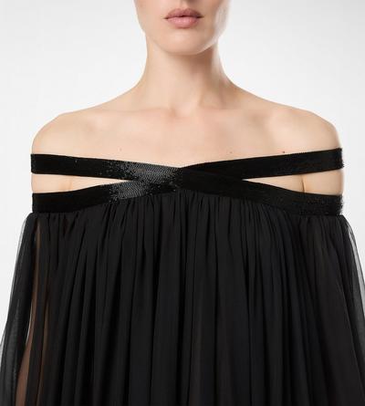 EMBROIDERED SILK CHIFFON OFF THE SHOULDER EVENING DRESS image number 1