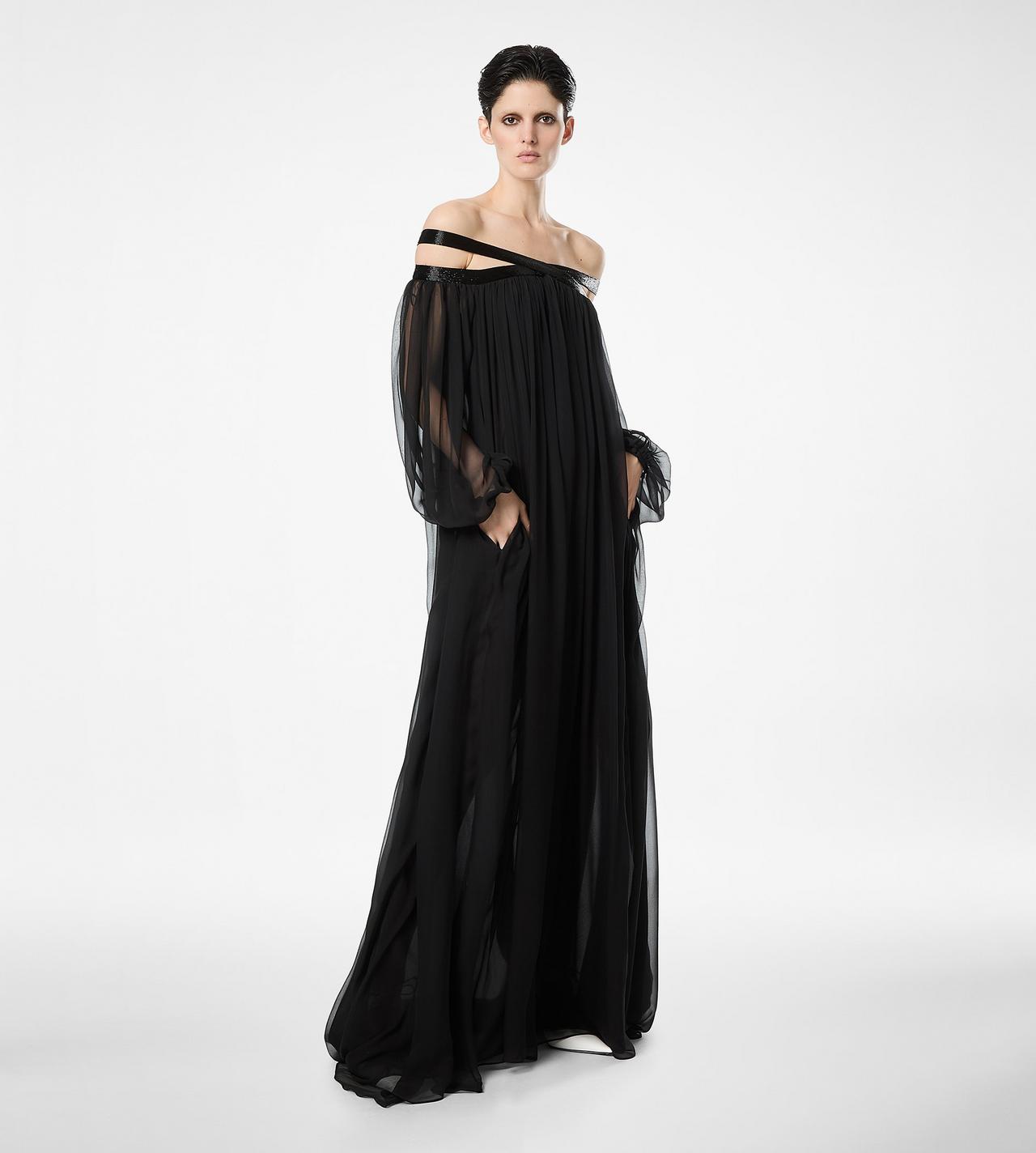 EMBROIDERED SILK CHIFFON OFF THE SHOULDER EVENING DRESS image number 2