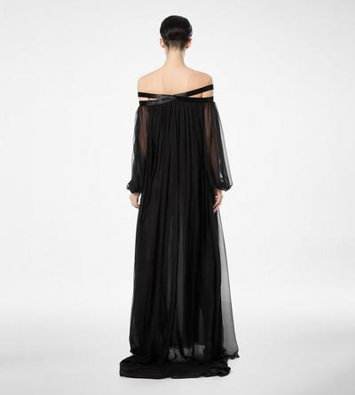 EMBROIDERED SILK CHIFFON OFF THE SHOULDER EVENING DRESS image number 3