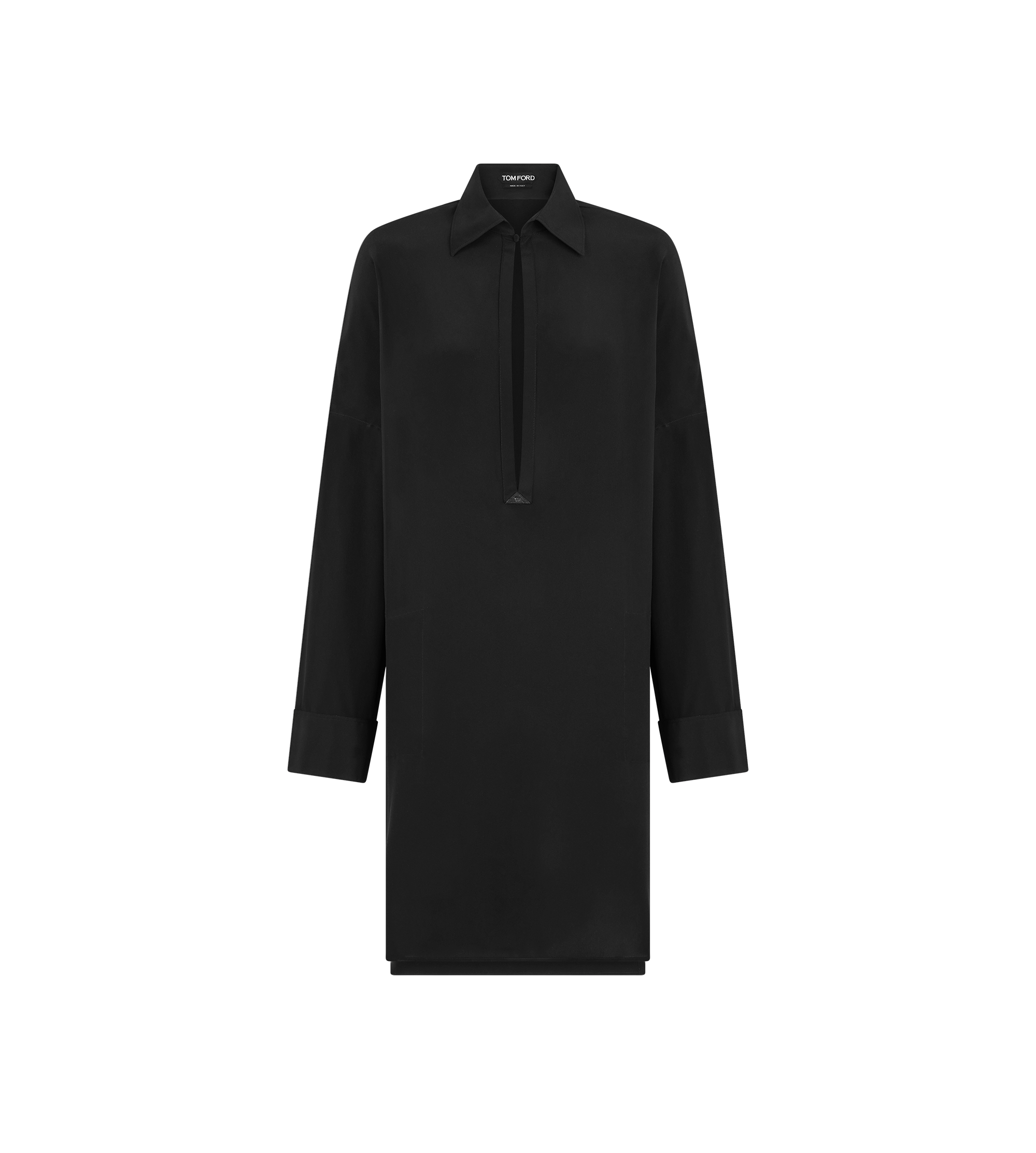 SILK CREPE DE CHINE TUNIC DRESS WITH LEATHER DETAILS AND TF DEBOSSED LOGO