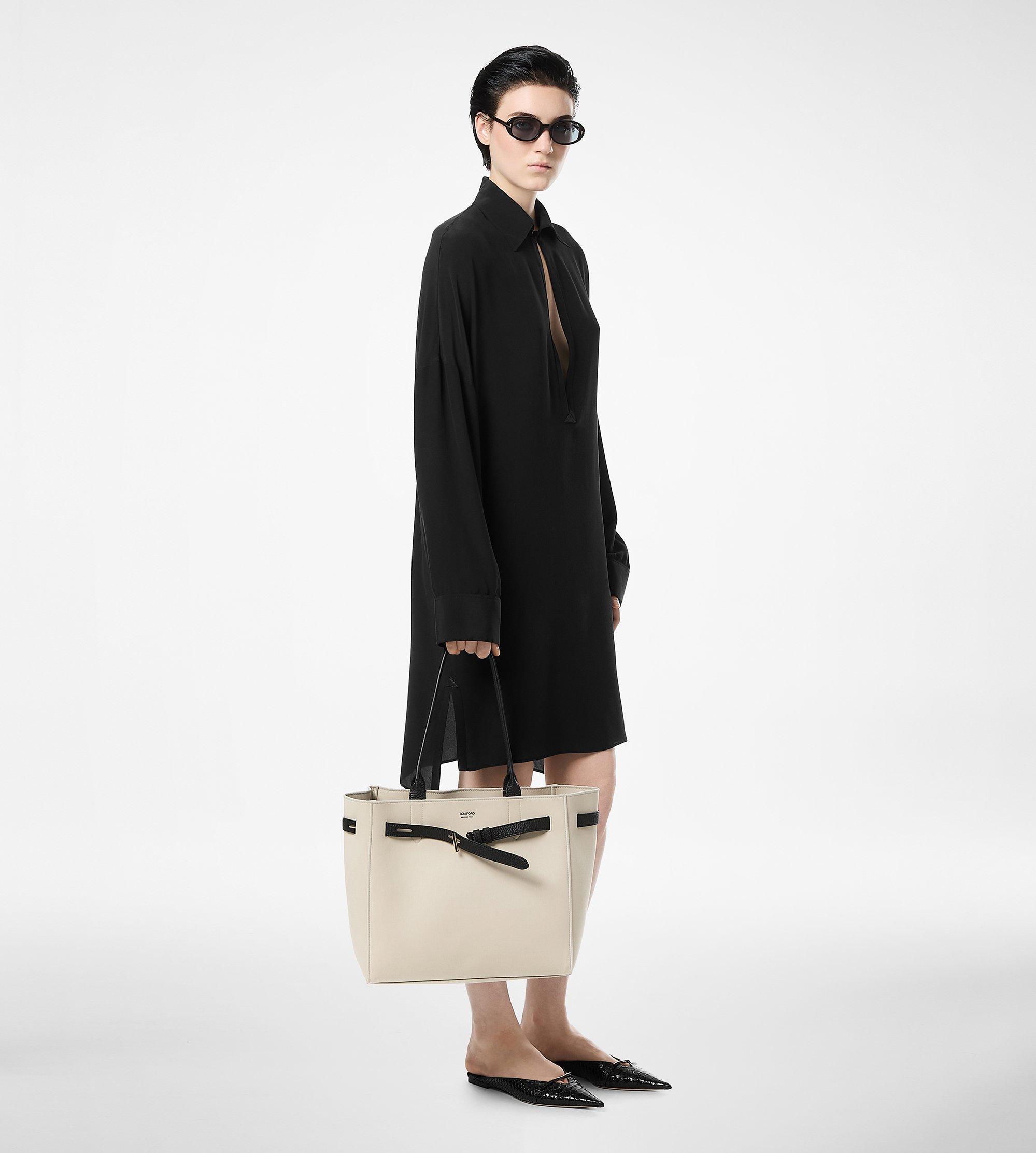 SILK CREPE DE CHINE TUNIC DRESS WITH LEATHER DETAILS AND TF DEBOSSED LOGO