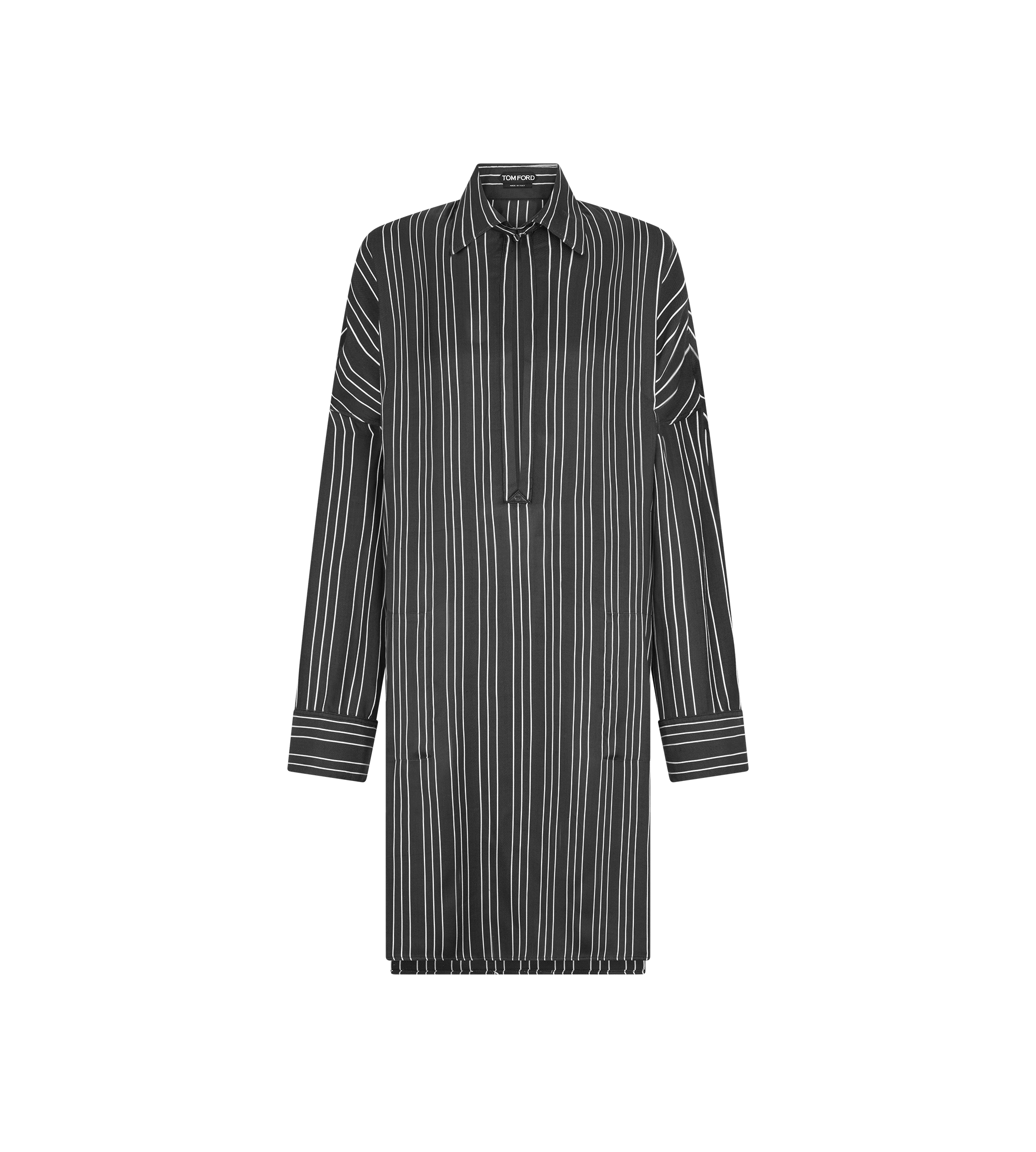 STRIPED SILK TUNIC DRESS WITH LEATHER DETAILS AND TF DEBOSSED LOGO