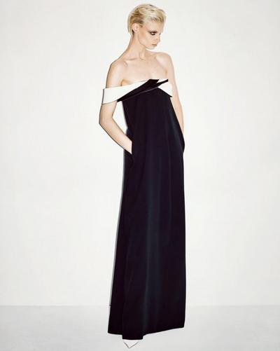 CREPE SATIN DRAPED ASYMMETRIC EVENING DRESS image number 3