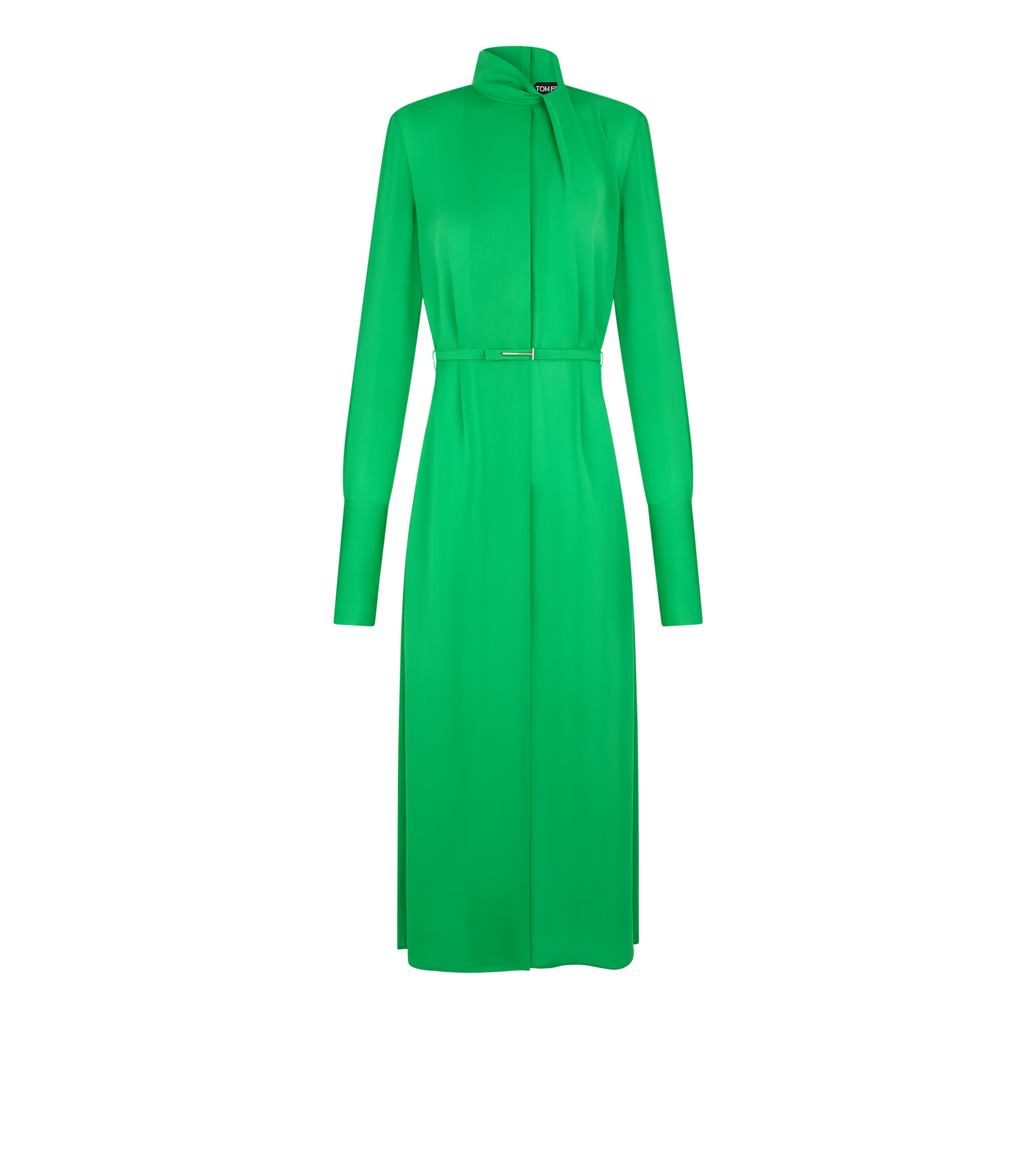 WASHED SILK GEORGETTE LONG SLEEVE DRAPED COLLAR BELTED DRESS WITH CUT-OUT