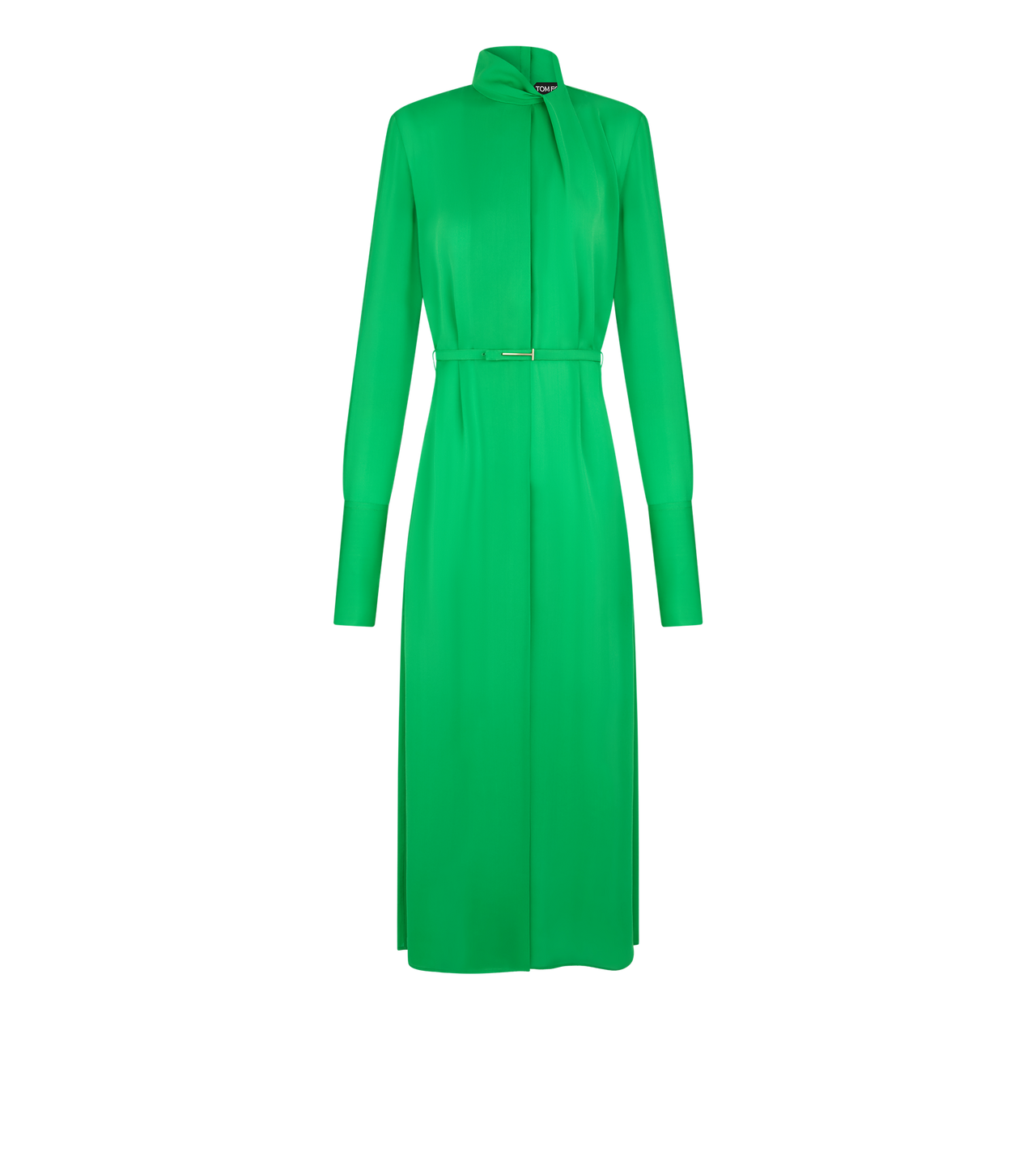 WASHED SILK GEORGETTE LONG SLEEVE DRAPED COLLAR BELTED DRESS WITH CUT-OUT image number 0