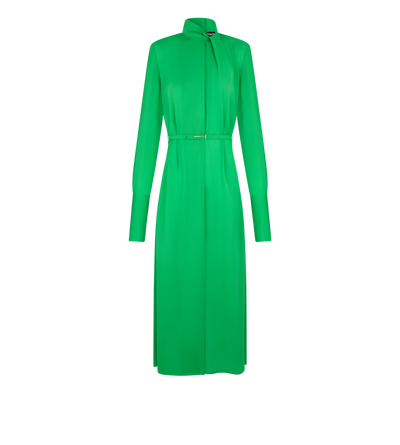 WASHED SILK GEORGETTE LONG SLEEVE DRAPED COLLAR BELTED DRESS WITH CUT-OUT