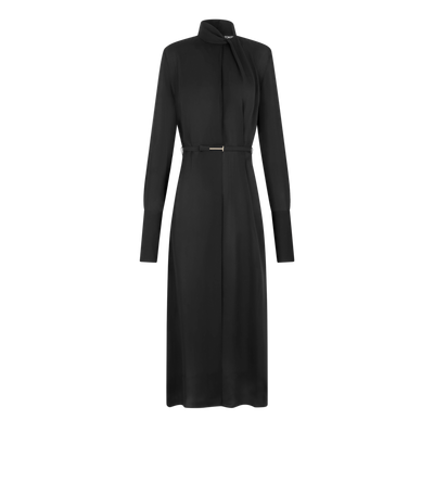 ROBE MANCHE LONGUE EN GEORGETTE DE SOIE LAV&Eacute;E &Agrave; COL DRAP&Eacute; AVEC CEINTURE ET D&Eacute;COUPE