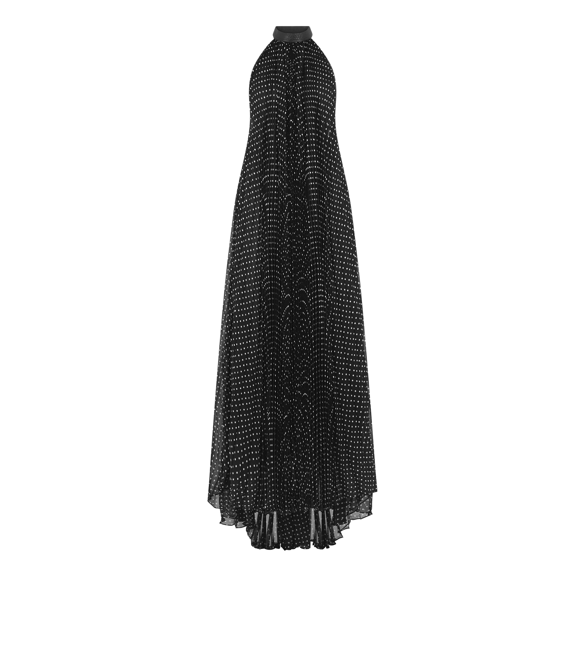 SILK HALTERNECK SUNRAY PLISSE EVENING DRESS WITH LEATHER DETAIL