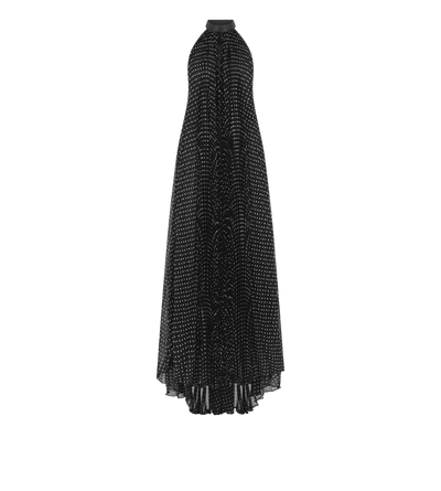 SILK HALTERNECK SUNRAY PLISSE EVENING DRESS WITH LEATHER DETAIL image number 0