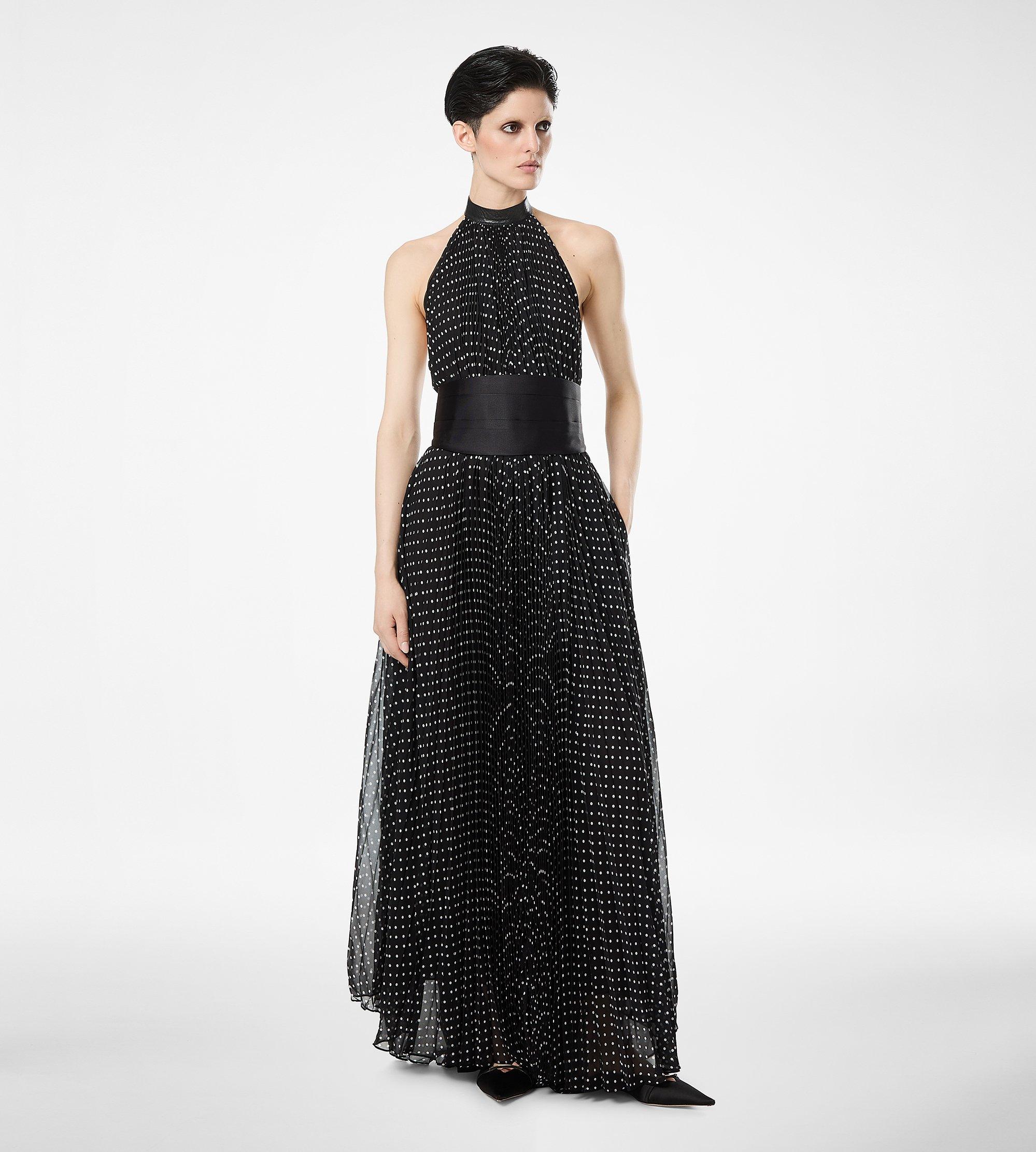 SILK HALTERNECK SUNRAY PLISSE EVENING DRESS WITH LEATHER DETAIL