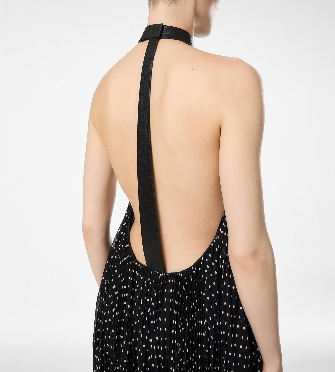 SILK HALTERNECK SUNRAY PLISSE EVENING DRESS WITH LEATHER DETAIL image number 1