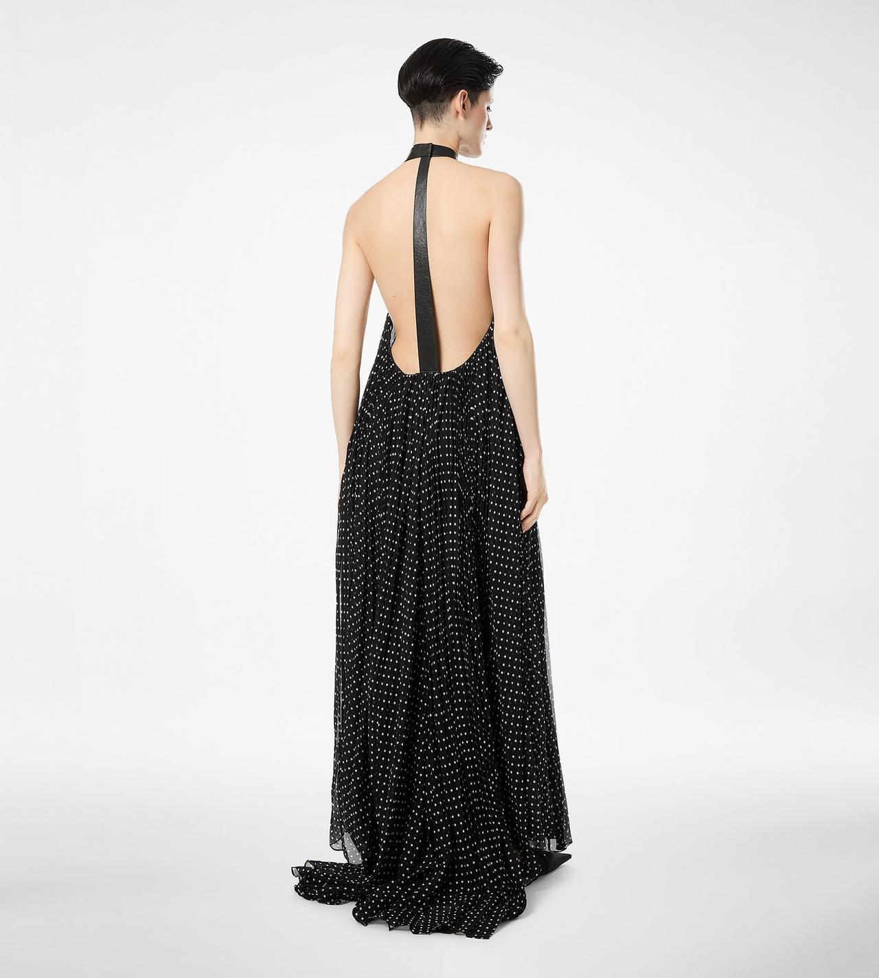 SILK HALTERNECK SUNRAY PLISSE EVENING DRESS WITH LEATHER DETAIL image number 3