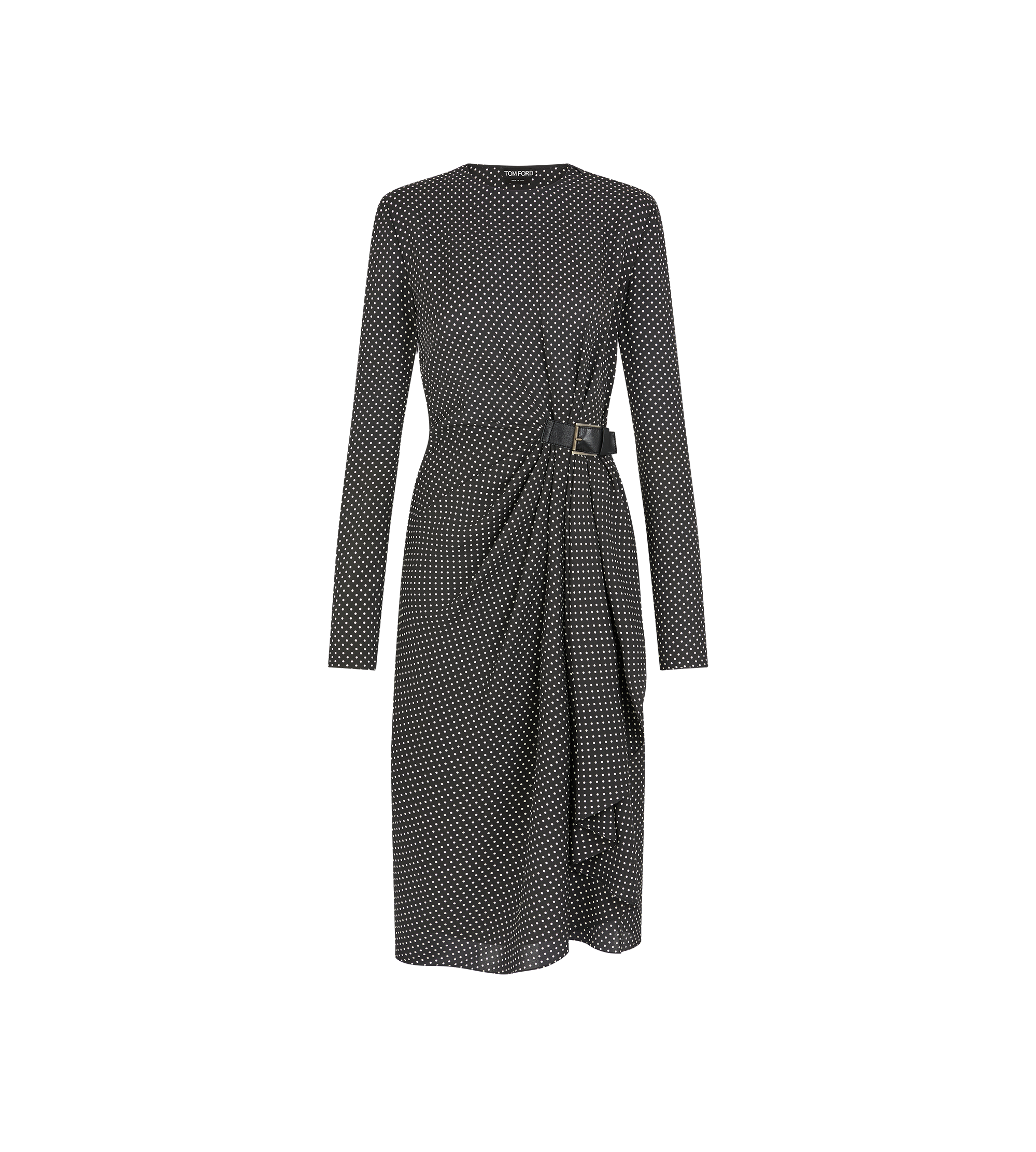 PRINTED SILK SABLE LONG SLEEVE DRESS WITH LEATHER DETAIL