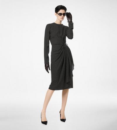 PRINTED SILK SABLE LONG SLEEVE DRESS WITH LEATHER DETAIL image number 2