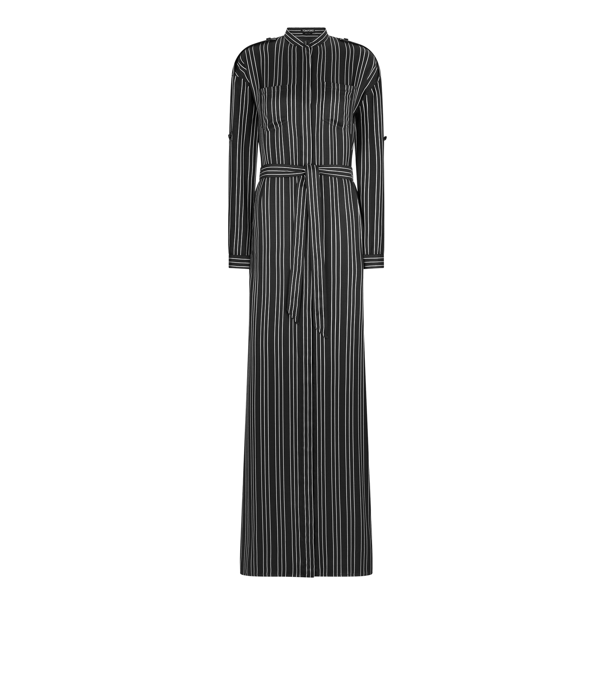 STRIPED SILK LONG BELTED MILITARY DRESS WITH TONAL TF EMBROIDERED LOGO