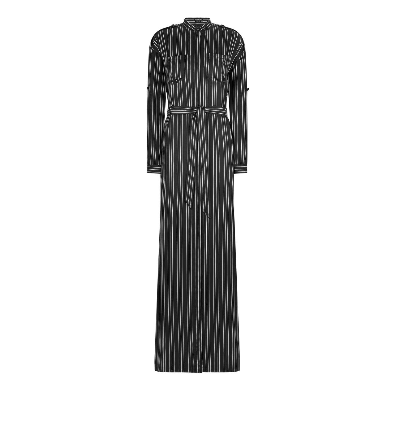 STRIPED SILK LONG BELTED MILITARY DRESS WITH TONAL TF EMBROIDERED LOGO image number 0