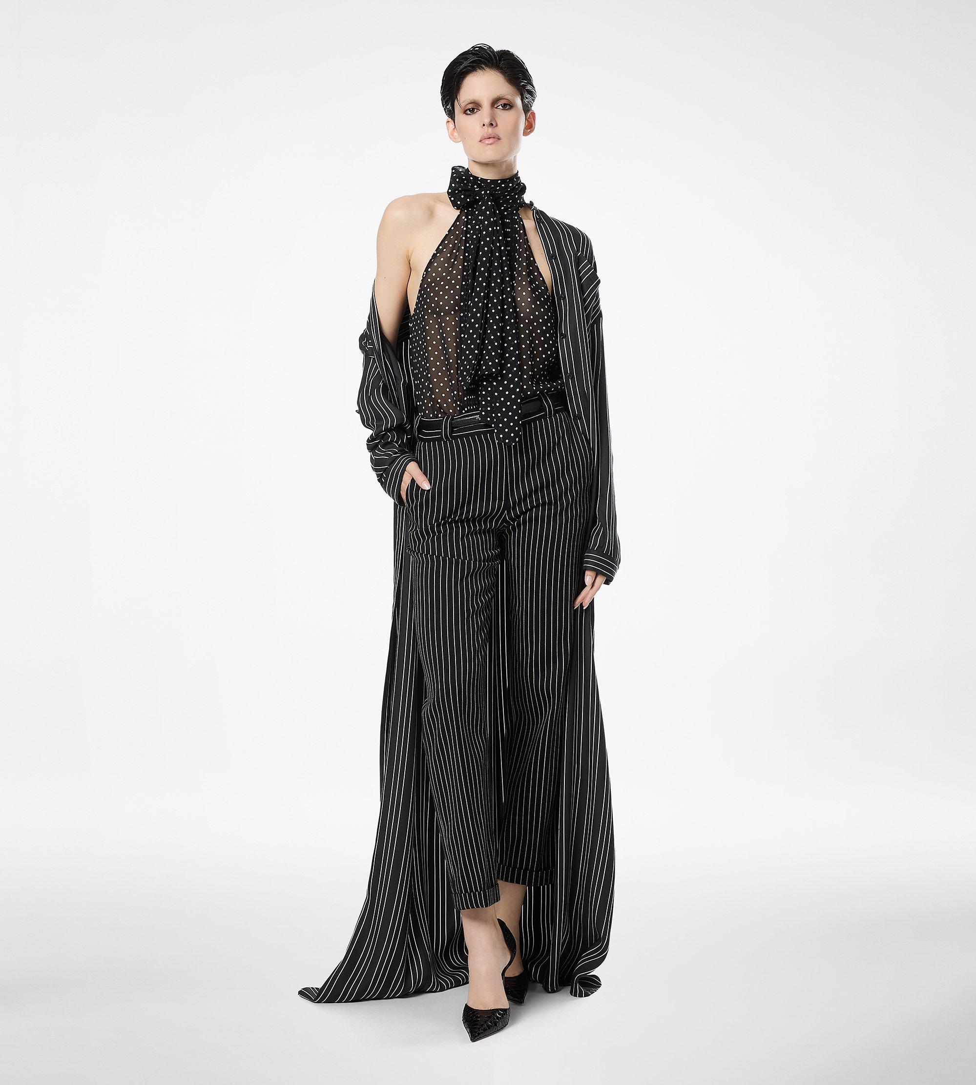 STRIPED SILK LONG BELTED MILITARY DRESS WITH TONAL TF EMBROIDERED LOGO