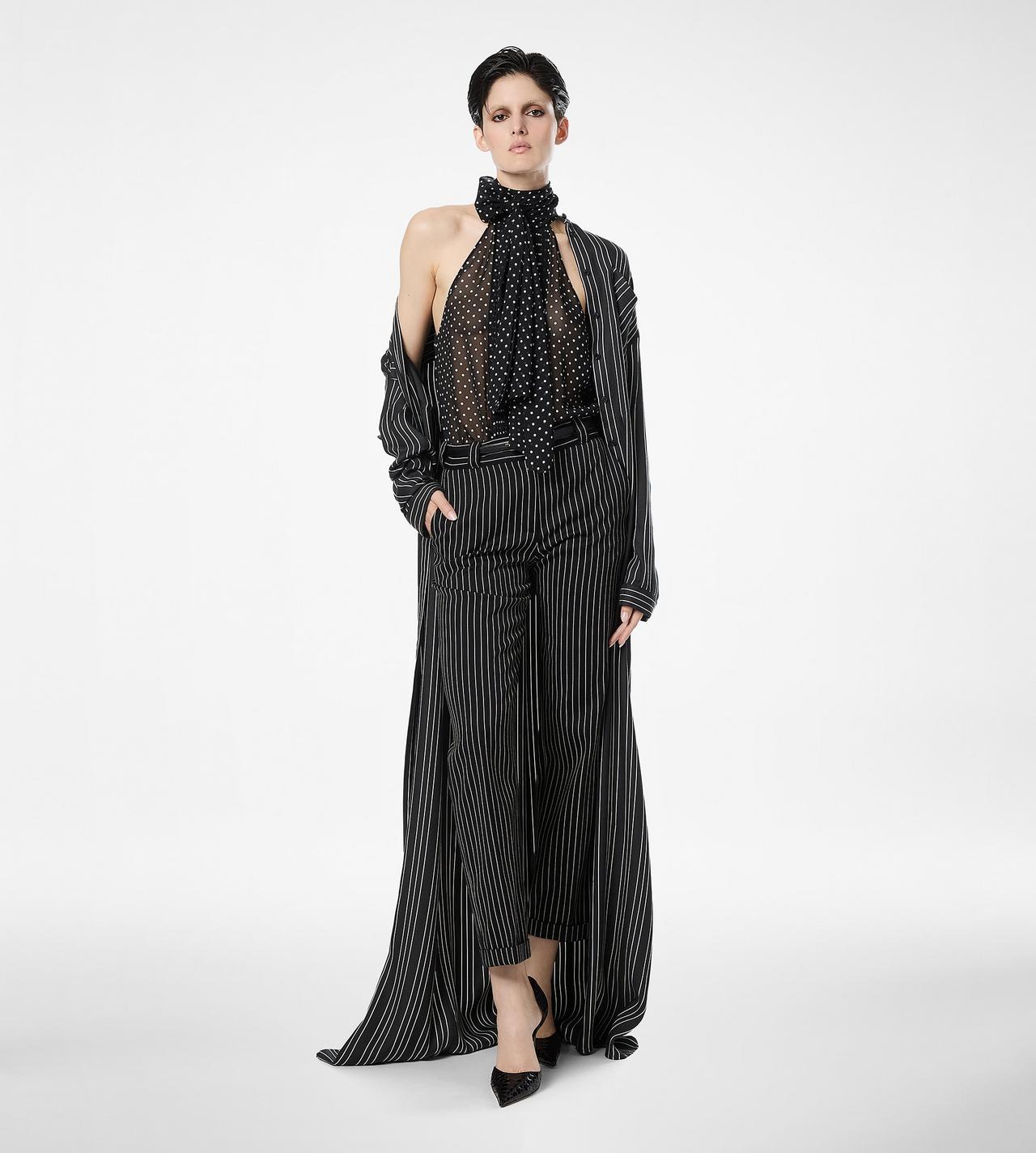 STRIPED SILK LONG BELTED MILITARY DRESS WITH TONAL TF EMBROIDERED LOGO image number 2